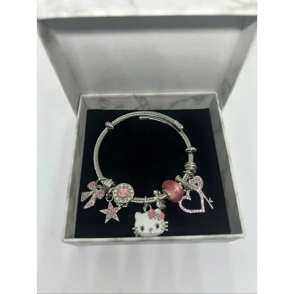 Hello Kitty Charm Bracelet Pink Rhinestone Bangle Style – New